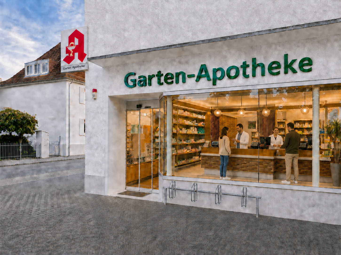 Garten-Apotheke mit breiter Glasfront und persönlicher Beratung an zwei Kassen im Innenraum